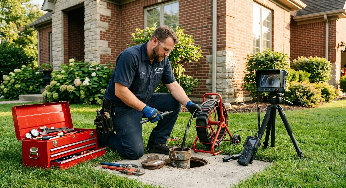 Sewer specialist with camera equipment servicing a cleanout in Somers