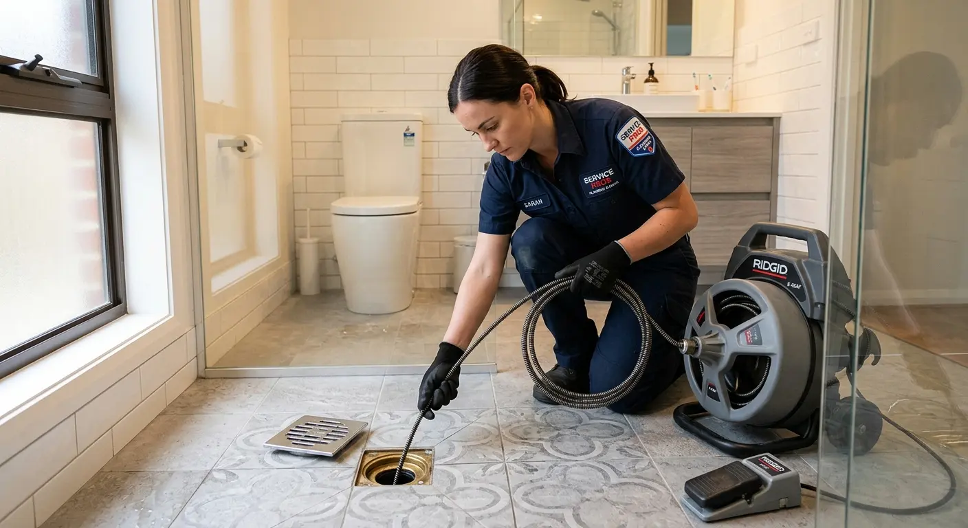 Technician clearing a bathroom floor drain for Sewer Line Replacement in Somers